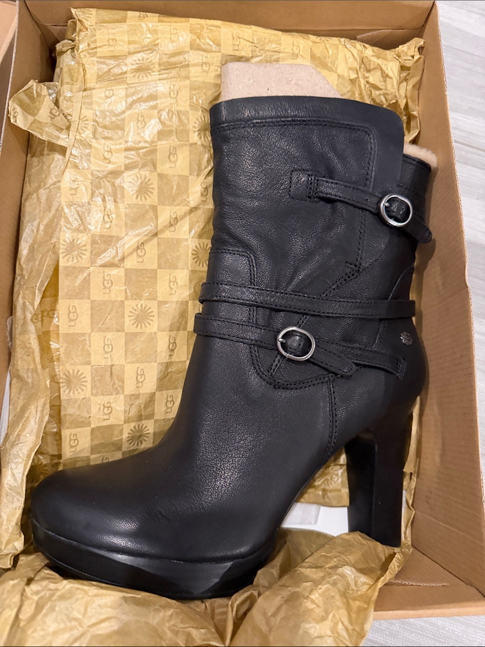 UGG Black Leather Heeled Ankle Boot with Buckle Straps